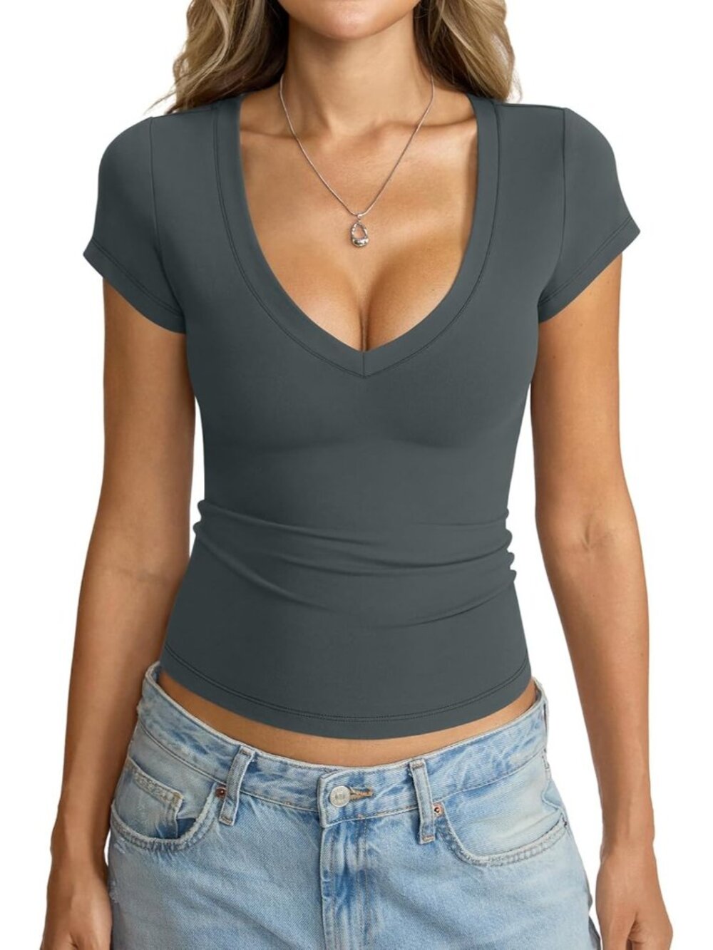 Women's Black Green V Neck Short Sleeve Sexy Slim Fit Crop Tops Basic Tee Shirts